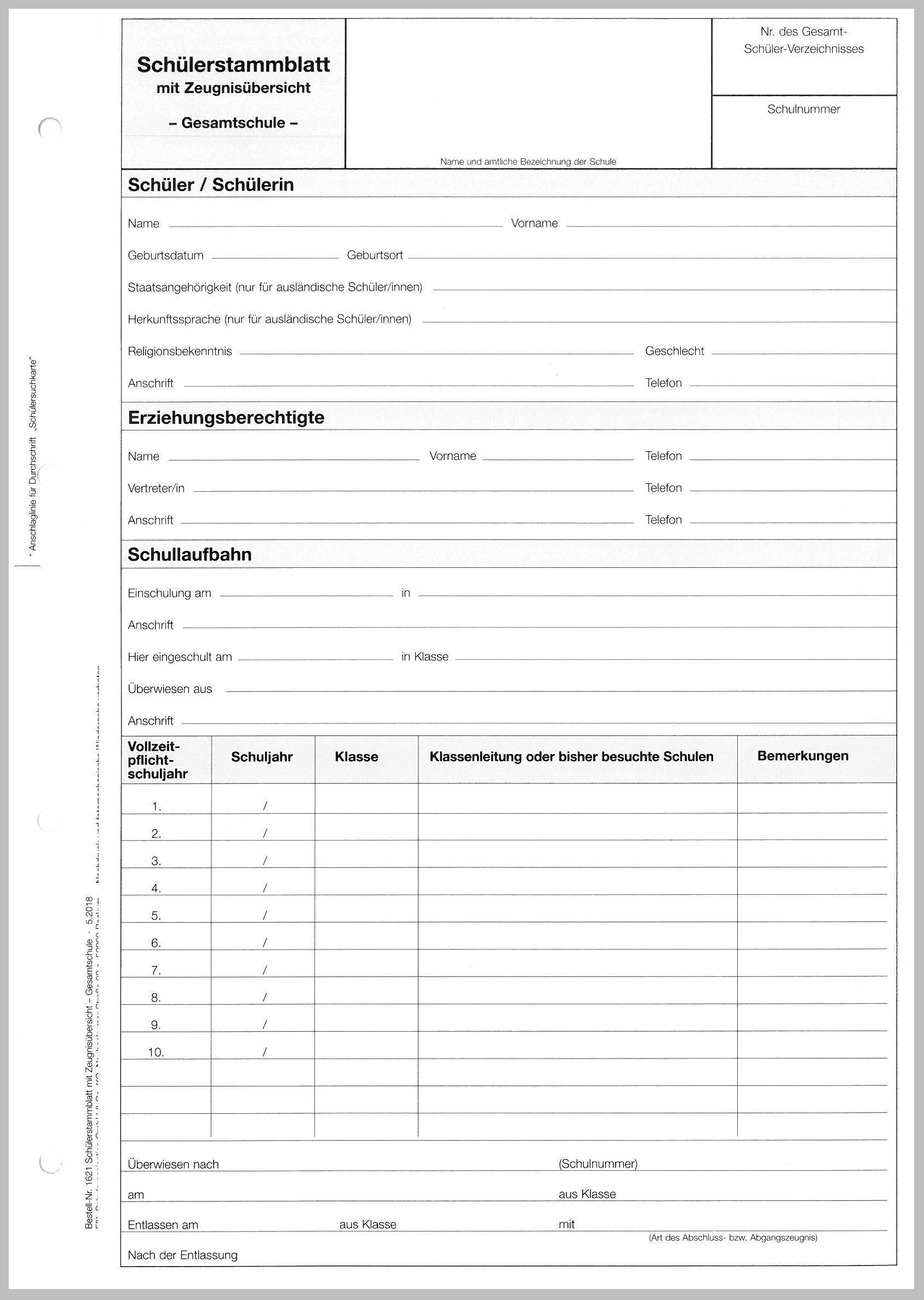 Schülerstammblatt Schullaufbahndaten