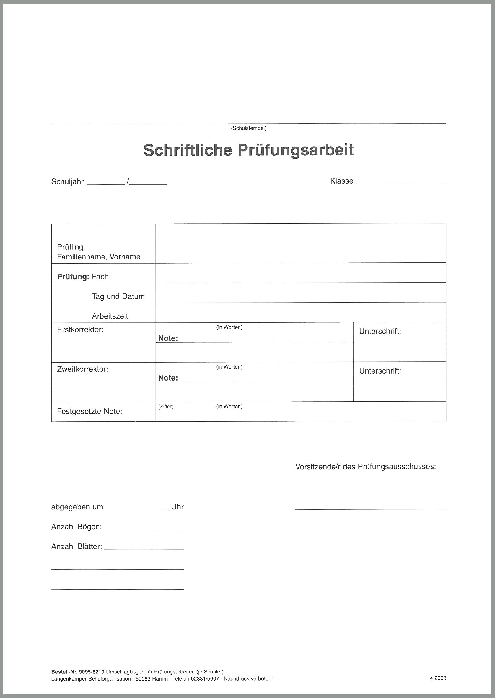 Umschlagbogen je Schüler