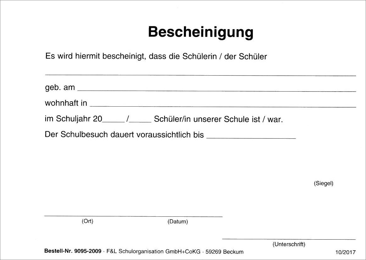 Bescheinigung Schulzugehörigkeit