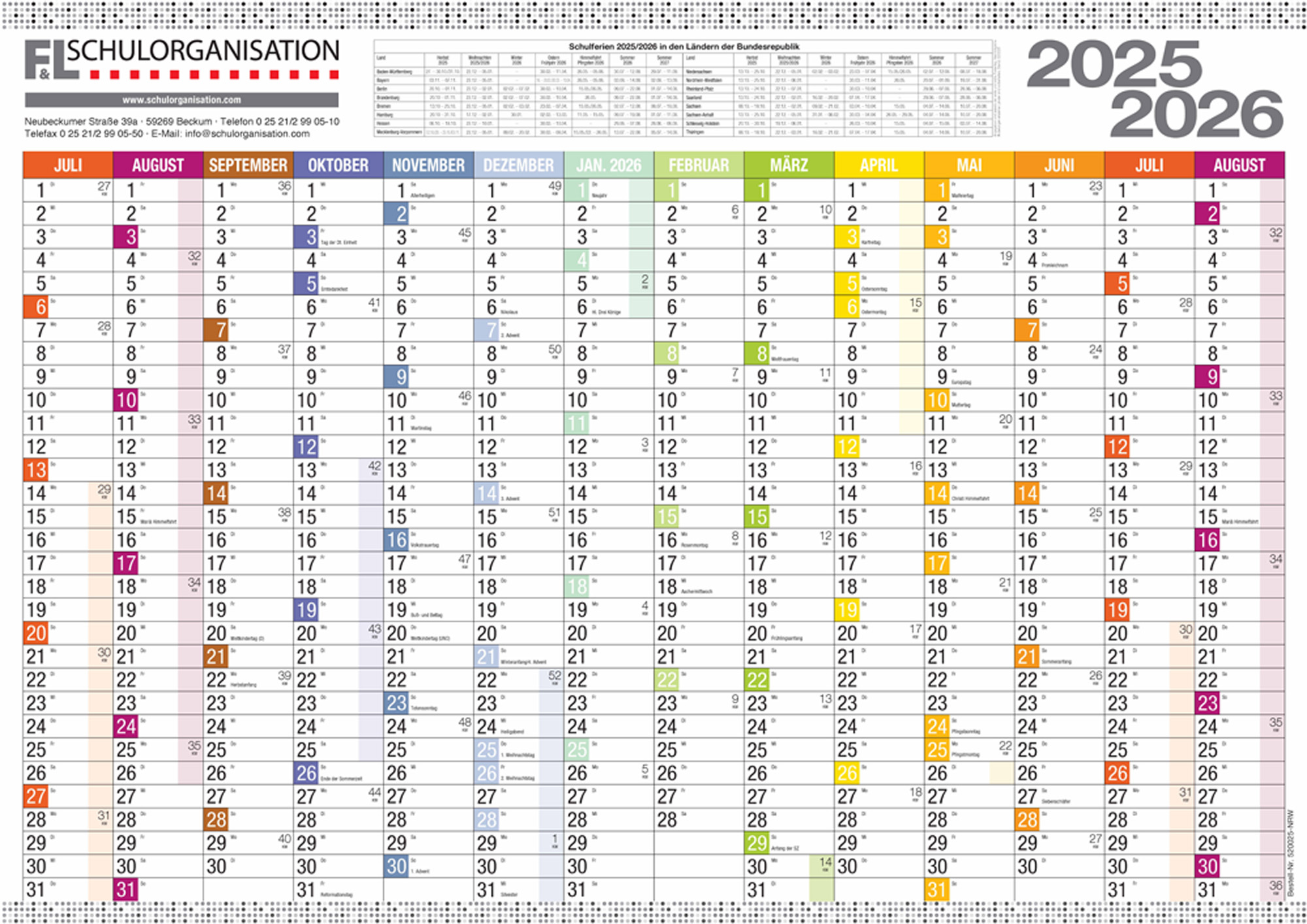 Schuljahreswandplaner NRW Ausgabe 2025/2026