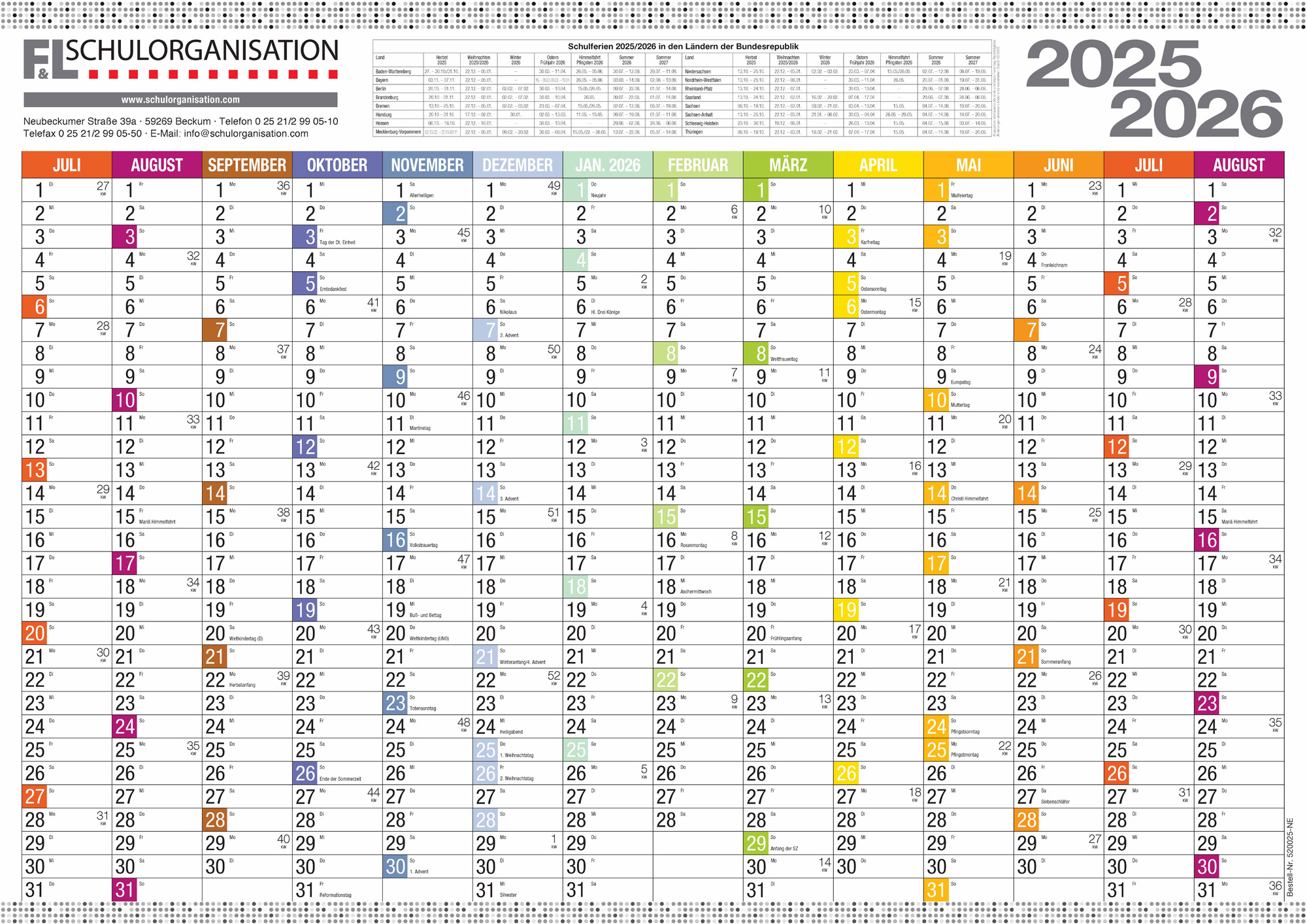 Schuljahreswandplaner Neutral - Wandkalender Ausgabe 2025/2026